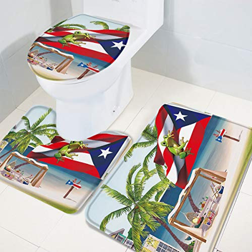 Set 3 Teilig Badvorleger Sommer-Palmen-Puerto-Rico-Flagge Mit Frosch Waschbar Bade-Matte+Kontur+Wc-Deckelabdeckung Langlebige U-Förmigen Contour Matte Für Badewanne Badezimmer Wohnzimmer