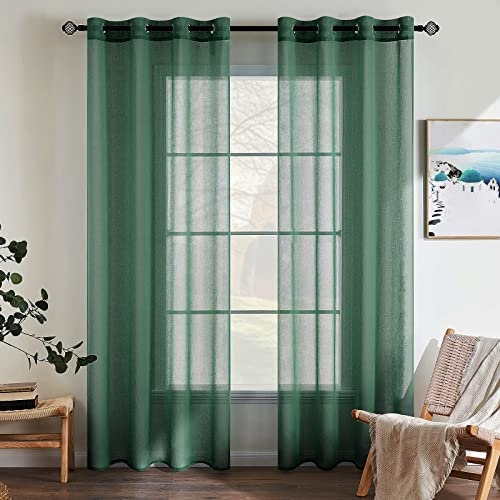 EMEMA 2er Set Sheer Voile Vorhang mit Ösen Transparente Gardine aus Voile Polyester Ösenschal Transparent Wohnzimmer Luftig Dekoschal für Schlafzimmer 140 X 225 cm (B x H) Dunkelgrün