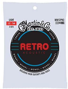 MARTIN 3 pack de cuerdas para guitarra acústica Retro Acoustic, Monel - aleación de níquel/cobre macizo, Light 12-54 (MM12PK3)