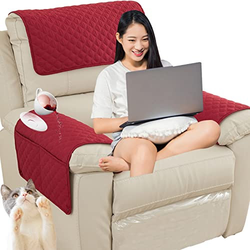AWAV Armlehnenbezüge, Wasserdicht Sofa Armlehne Abdeckung mit Taschen, Rutschfester Kopfstütze Abdeckung Für Recliner Chair Arm Cover, Gesteppter Möbelschutz (Rot,3 Seater(5pcs))