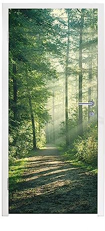 MuchoWow© Türtapete Selbstklebend Türposter Garten Tür Tapeten Wald - Weg - Sonne - Bäume - Grün - Natur - 85x205 cm