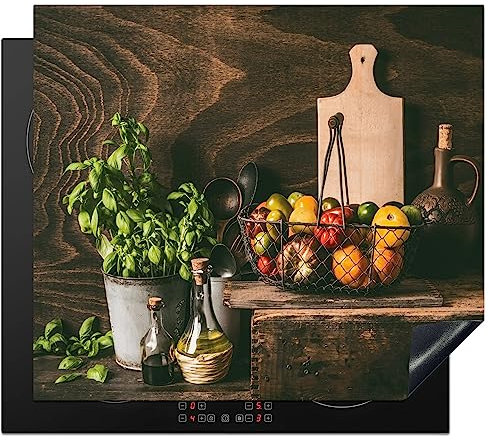 KitchenYeah© Herdabdeckplatte Einteilig Küche Ceranfeld Abdeckplatte Cerankochfeld Abdeckung Induktionskochfeld Schutzmatte Schneidebrett - Gemüse - Kräuter - Rustikal - Basilikum - 59x52 cm