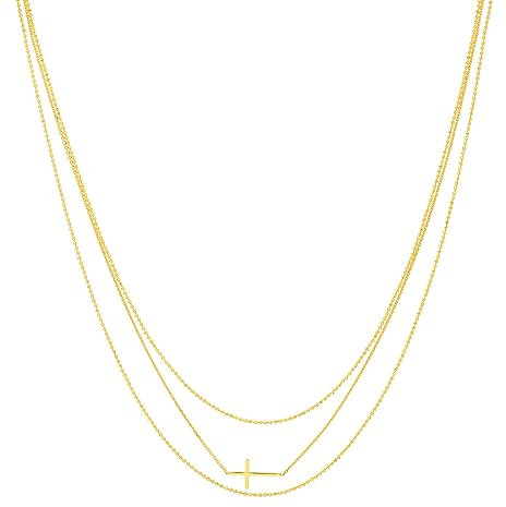 Halskette aus 14-karätigem Gelbgold, dreireihig, religiöser Glaube, Kreuz-Element, verstellbare Halskette, Schmuck für Damen, 46 cm, Gelbgold
