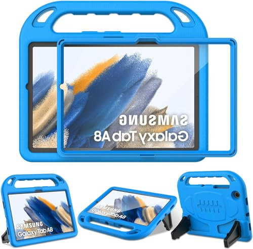 SINSO Funda infantil para Samsung Galaxy Tab A8 10.5 2022 (SM-X200/X205/X207), color azul con protector de pantalla integrado y soporte de mango a prueba de golpes
