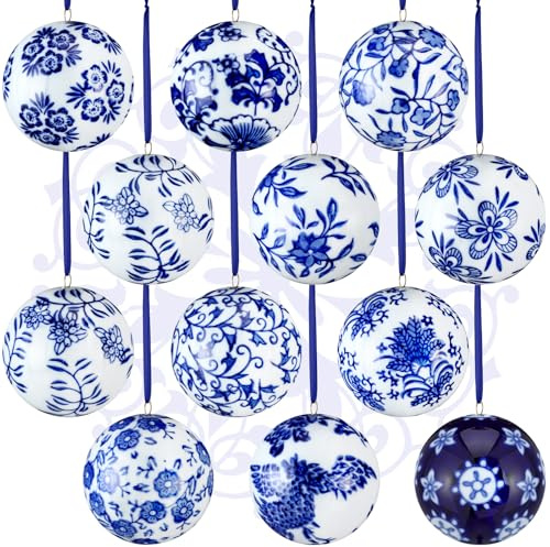 Domensi Porzellan-Ornamente für Weihnachtsbaum, Chinoiserie, 6,9 cm, blau und weiß, hängende Kugeln, 12 Stück