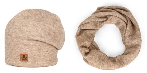 JAIL JAM Unisex Winter Kombi-Set CHEMUNG: Beanie mit Loop-Schal, doppellagig, für Damen und Herren, Winter Set:Camel