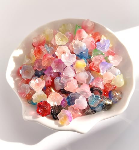 Blumen Glasperlen zum Auffädeln 100 Stück, 12mm Bunte Campanula Perlen für Armbänder, Geformte Perlen Set für Basteln Schmuckherstellung, Armbänder, Ohrringe, DIY Halsketten