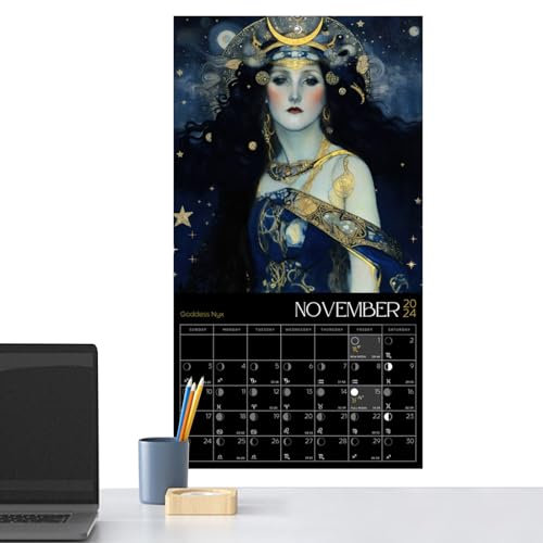 Dark 2024 Calendar - Dark Lunar Calendar Kalender - Göttin Mondphase Wandkalender 2024 - Art Deco Monatskalender Wandkalender - Hängende Astrologie Dekorativer Kalender