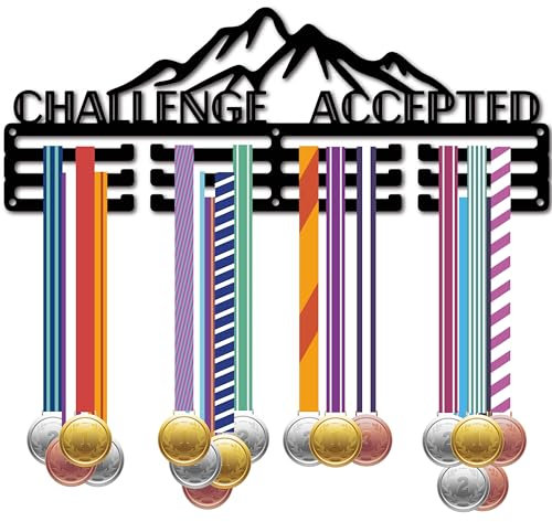 CREATCABIN Metall-Medaillenaufhänger,Berg-Medaillenhalter,Schwarzes Eisen,Zum Aufhängen von Athleten-Auszeichnungen,Wandmontage,Ständer Für Kletterwettbewerb,40x15cm-Herausforderung Angenommen