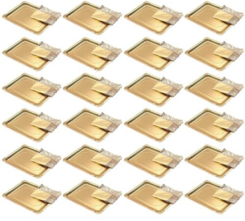Acan Tradineur - Pack de 24 bandejas rectangulares de cartón con blonda, Fuente reciclable para Pasteles con Encaje de Papel, decoración de Fiestas, presentación de postres (Dorado - 34 x 42 cm)