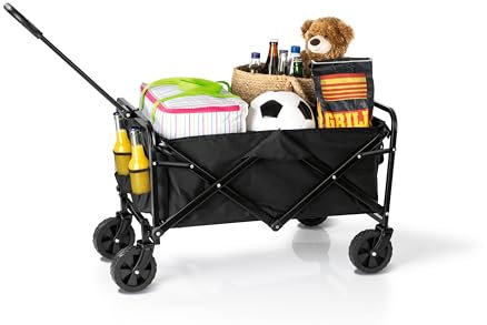 EASYmaxx Bollerwagen | Bis 80 kg Tragkraft | Faltbar | Modernes Design | Robuster Nylonbezug | 360°-Drehgelenke an den Vorderrädern | Mit praktischem Griff [Schwarz]