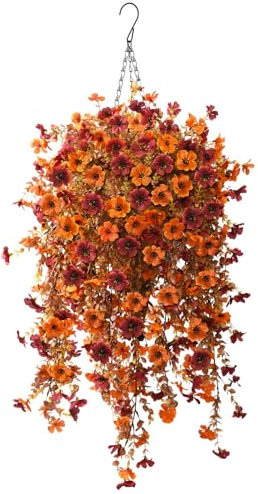 Artificial Faux Hanging Plants Flowers Basket for Fall Outdoor Decoration,Fake Silk Orange Mums planters UV Resistant Look Real for Home Porch Patio Balcony Yard Autumn Decor (Orange Brown)