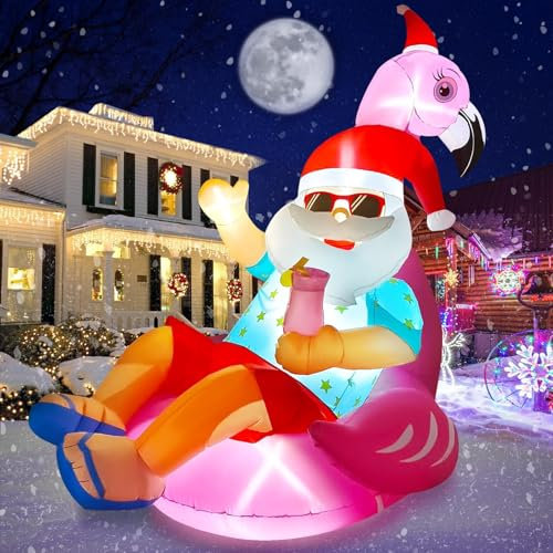 Kalolary 7,3FT Aufblasbare Weihnachts Dekoration, Aufblasbarer Weihnachtsmann und Flamingo Weihnachtsdekoration mit LED-Lichtern Weihnachtsdeko Aufblasbar für Garten Rasen Terrasse Feiertag