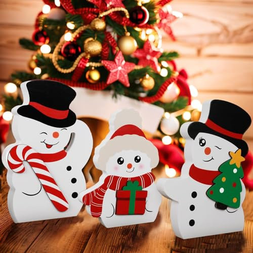 3 Stück Schneemann Figur aus Holz, Weihnachts-Holzblock-Schild, Weihnachts-Holzschild, Weihnachten Abgestufte Tablett-Dekorationen, Tischdekoration, Tischdekoration für den Urlaub Party