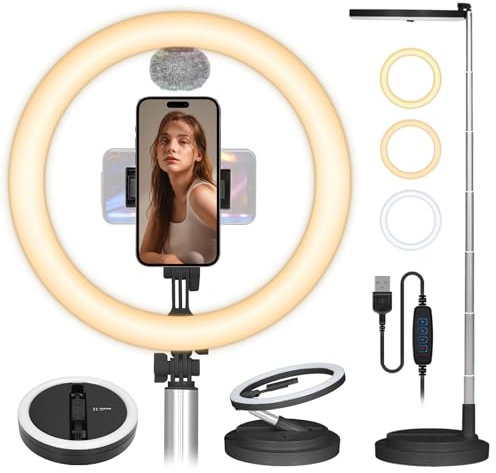 TARION Faltbares Ringlicht mit LED Ringleuchte: Selfie Tisch Ring mit Telefonhalterung & Cold Shoe Mount Einstellbare Höhe & Helligkeit Großes Ringlicht für Live Streaming Video Fotografie Y3 Schwarz
