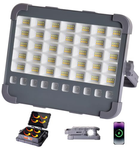 MASMEJOR Faro LED Ricaricabile 100W, Faretto LED Ricaricabile 10000LM 15000mAh con Doppi Pannelli Solari, Funzione Torcia, 5 Modalità, Faro a Batteria Ideale per Campeggio, Lavoro, Pesca