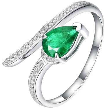 Tolldek 18 Karat Weißgold Au750 Ring, Klassiker Hochzeitsband mit Labor Erstellt Smaragd 0.85ct Tropfenschliff, Eheringe mit Moissanit 18K Gold Verlobungsring Echtes, Gr.61 (19.4)