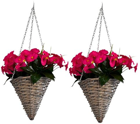 ADEPTNA Set of 2 Artificial Petunia Hanging Baskets UV-Protected Faux Flower Cone Shaped Woven Baskets with Hanging Chains Realistic Outdoor Indoor Decoration Gardens Patios Balconies (PINK)