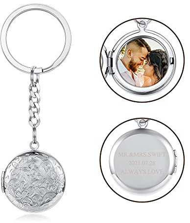 Jovivi Personalisiert Text & Fotogravur Medaillon zum öffnen Foto Schlüsselanhänger mit Gravur Amulett Anhänger Bild schlüsselanhänger Personalisierte Geschenke für Damen Herren (Silber)