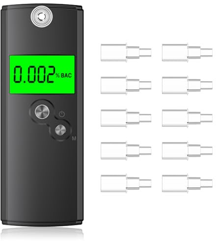 Akdomart Alkoholtester Polizeigenau, Hochpräziser Promillemessgerät mit 10 Mundstücken, Professioneller Alkoholmessgerät mit Digitalem LCD-Anzeige, Tragbarer Alkomat für den Heim- und Partygebrauch