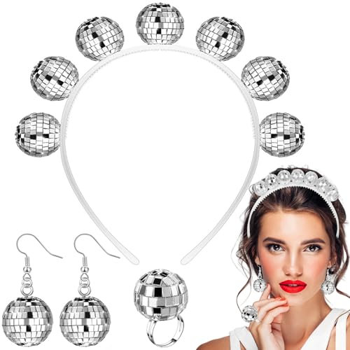 JRYBXS Discokugel Haarreif, Discokugel Kostüm, 3 Stück Disco Kostüm Damen mit Discokugel Ohrringe Haarreif Discokugel und Discokugel Ring, Disco Outfit Damen Für 70er 80er Jahre Discokugel Party