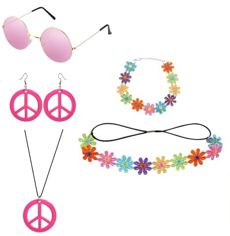 FloralGrace 5 Stück Pink Vintage Zubehör per Costume Hippie, Hippie Kostüm AccessoiresVintage Zubehör per Costume Hippie mit Brille Friedenszeichen Halskette Ohrringe