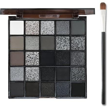 Smoky Palette di ombretti, 25 colori, nero e bianco, gotico, in toni freddi, texture perlata, trucco per Halloween, con pennello per ombretto