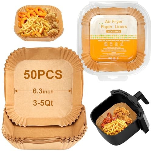 Air Fryer Liners 6.3 Inch (16cm) Square Disposable Paper Liners 50PCS for Ninja AF100UK AF120UK, Cosori 3.5L, Philips HD9220, Salter – Non-Stick Parchment for Compact Fryers
