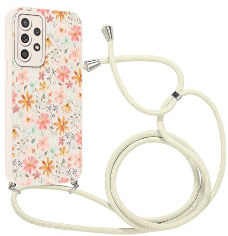 Coalbooliy Coque avec Cordon pour Samsung Galaxy A53 5G 6,5 avec Motif Blanc Fleur Case, Aesthetic Été Summer Filles Femmes Silicone étui avec Collier Corde Housse Protection de la caméra, 09