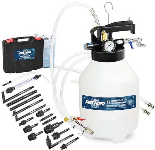 FIRSTINFO Kit Remplissage Vidange Huile ATF 6L Pneumatique 17 Adaptateurs | 2-en-1 avec 17 adaptateurs ATF + entonnoir. Brevet Taïwan, soupape 3 bar, verrouillage gâchette, garantie 22 mois.
