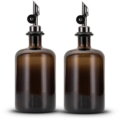 Koffs Design - Lot de 2 bouteilles d'huile à remplir – Distributeur d'huile moderne en verre ambré avec bec verseur en acier inoxydable – Distributeur pour huile, vinaigre et balsamique – Pour votre