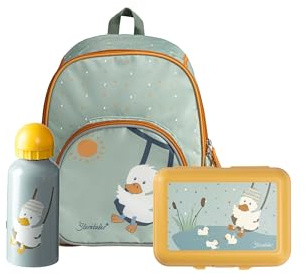 Sterntaler Kindergarten Set Ente Edda – Unisex Set mit Enten-Motiv – Enthält Kinderrucksack, Brotdose und Trinkflasche – Farbe Steingrün