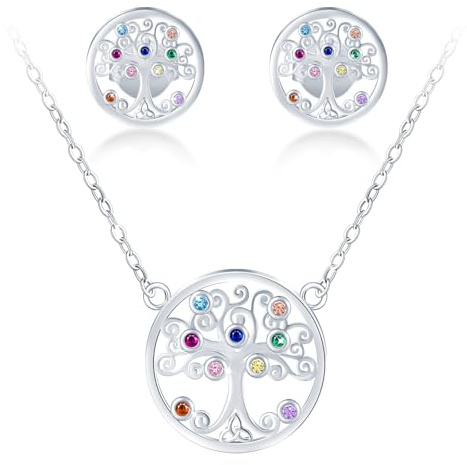 MICMIF 7 Chakra Lebensbaum Set Damen 925 Sterling Silber Baum des Lebens Kette und Ohrringe mit Bunt Zirkonia, Baum Ohrstecker und Halskette Set Silber Schmuckset für Frauen Mädchen