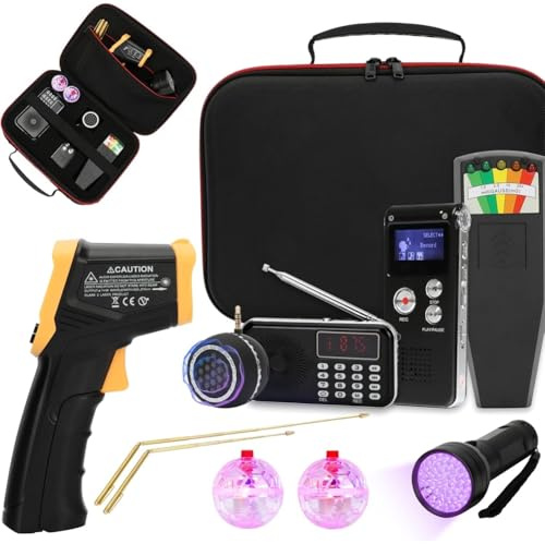 Yarryuter 11-Teiliges Set mit EMF-Messgerät, EVP-Recorder, Handradio, Lautsprecher, Infrarot-Thermometer, Messing-Detektorstäben