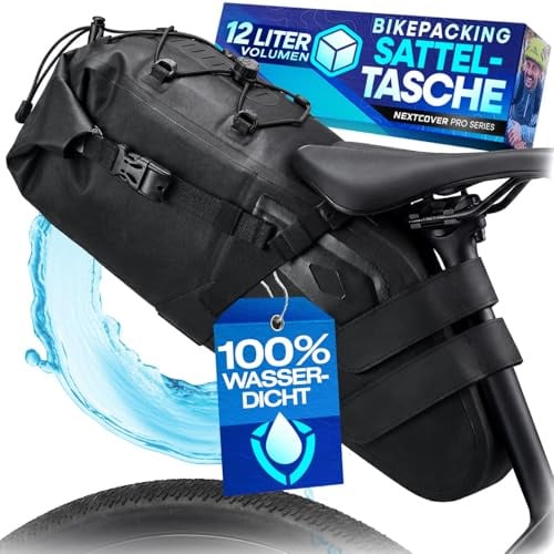 Nextcover® Bikepacking Satteltasche [12 Liter] I Fahrradtasche Sattel I 100% Wasserdicht Dank AquaShield-TPU I Satteltasche für Fahrrad, Bikepacking Taschen für Gravelbike, Rennrad, MTB