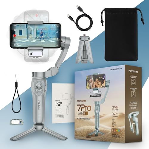 PORTENTUM 7 Pro Gimbal smartphone stabilisator med oberoende spårning AI-modul – 3 fällbara axlar stativ – app tillval – iPhone och Android-kompatibel – YouTube TikTok Vlog