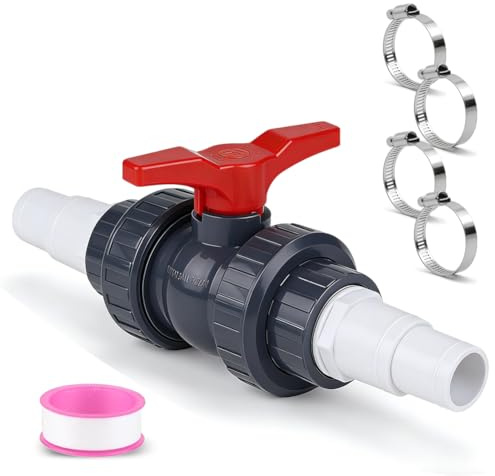 Robinet à boisseau sphérique avec raccord de tuyau, robinet d'arrêt en PVC avec 1 robinet d'arrêt 1 1/2 (50 mm) et 2 douilles de tuyau 32-38 mm, valve d'arrêt de piscine à boisseau sphérique