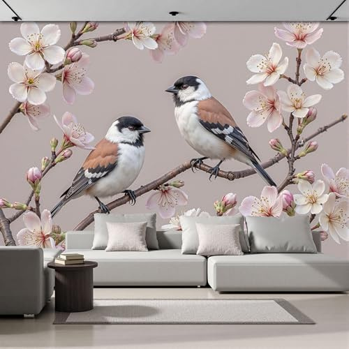 ZISTRCBAO Papier Peint Panoramique Branches Fleuries Oiseaux, Papiers Peints Art Rétro Européen 300x210cm, Poster Geant Mural Impression Pour Salon Chambre - Moderne Décoration Murale, Gris