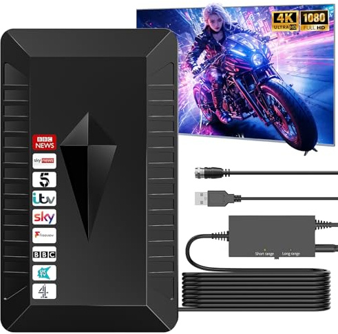 Upgraded Indoor TV Aerials with Strong Signal UK,650+Miles Range Indoor Freeview Aerial Digital TV Aerial for Smart TV with High Gain Signal Booster-Support VHF/UHF/DAB Radio/4K,All TV-10M Coax Cable