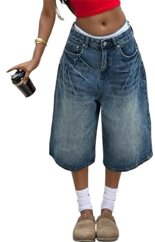 Damen Baggy Denim Bermuda Shorts Y2k Vintage Straight Leg Lässige knielange Jeans Jorts mit Taschen Mid-Low Waist Y2K Sommer Heiße Kurze Hosen