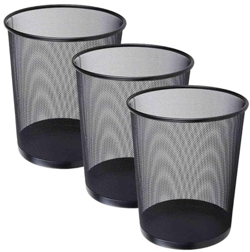 livexa 3 Pack Metal Mesh Waste Paper Bin 12 Litres Lightweight Wastebasket Rubbish for Bedroom, Office, Bathroom, Kitchen, 3x Black, Black