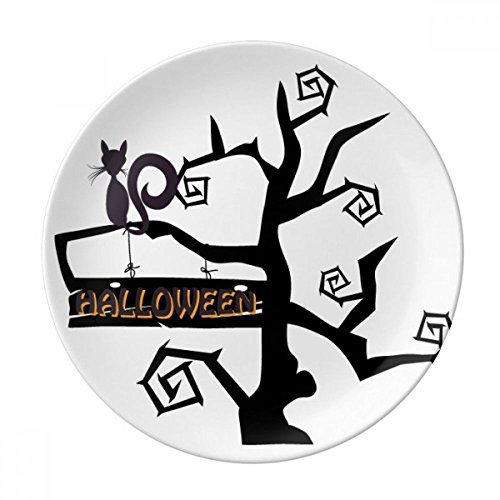 DIYthinker Halloween Chat Hallowmas Arbre Décoratif en Porcelaine Assiette à Dessert 8 Pouces Dîner Accueil Cadeau 21cm Diamètre Multicolor