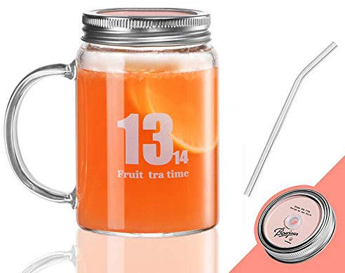 XiaoShenLu Mason Jar Mugs con Manico, Tappo in Alluminio e cannucce di Vetro, Bicchiere da 350ml