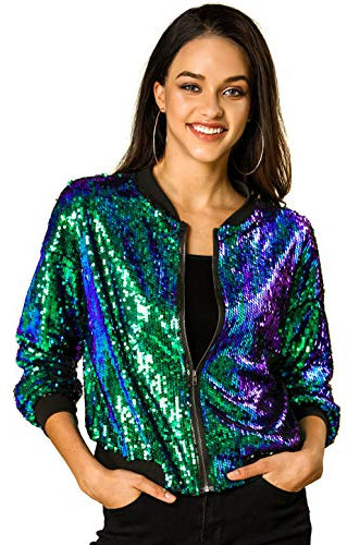 Allegra K Damen Glitzer Jacke Bomberjacke Pailletten Bomber Jacke Langarm Party Club Metallic Sequin Jacken Grün M