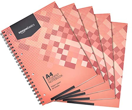 Amazon Basics Spiral-Notizblock, 80 Blatt / 160 Seiten, A4, 90 GSM, 5 stück, 1er-Pack, Weiß