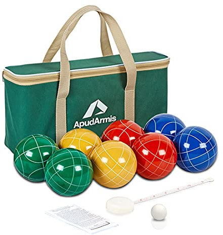 ApudArmis Bocce Balls Set, Outdoor Family Bocce Game for Backyard/Lawn/Beach - Set of 8 Poly-Resin Balls & 1 Pallino & Nylon Carrying Case & Measuring Rope (90mm)