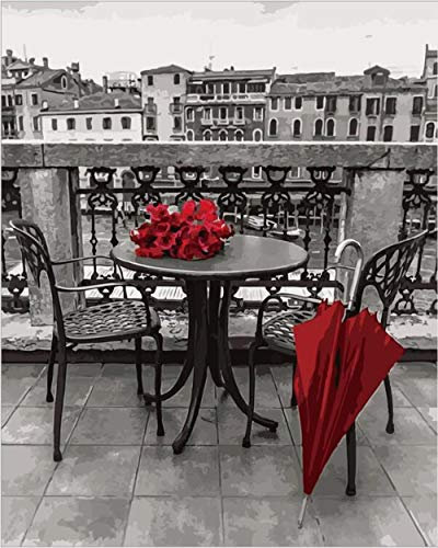 Peinture par numéro Kit - Noir Et Blanc Ville Architecture Paysage Rouge Parapluie - Peinture à l'huile Bricolage avec Brosses et Peintures pour Adultes Enfants Seniors Débutant 40 x 50 cm(Sans cadre)