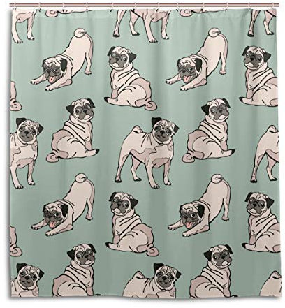 BKEOY Duschvorhang Mops Hund Muster Badevorhang Wasserdicht Schimmelfest waschbar Polyester Vorhang 167 x 182 cm mit 12 Vorhanghaken