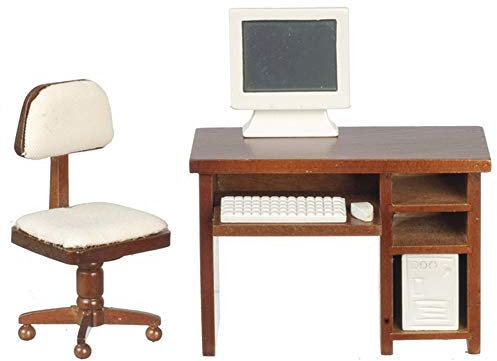 Melody Jane Puppenhaus Computer Walnuss Schreibtisch & Stuhl Miniatur Studien Büromöbel Set 1:12 Maßstab, Holz, Braun,grau,weiß, klassisch