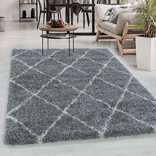 Carpetsale24 Hochflor Läufer Teppich Grau 60x110 cm Rauten Design Flauschiger und Weich Langflor Skandinavischer Stil Shaggy Kleiner Teppich